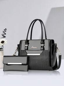 PLANEE 2pcs Fashionable Letter Patch Decorated Handbag With Coin Purse, Business Casual Woman Bag Perfect For Office Business And Work, Eye-Catching Work Bags For Women, Best Mother's Day Gifts Ever - Black - View 1