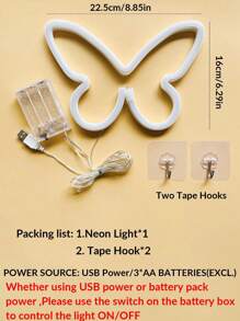 1 Stück Heim-Dekor LED Schmetterling Neon Licht, USB/Batterie Dual Stromversorgung mit 2 Haken, geeignet für Schlafzimmer Wanddekoration, Wohnzimmer Dekoration, Hintergrundwände Dekoration, Geburtstagsfeiern Dekoration, Abschlussfeiern Dekoration, Wachstums-Jahrestage Dekoration Schmetterling Neon Leuchtschild