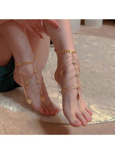 1pc Metal Multi-Layer Tassel Anklet - Vintage Fashion Chain Foot Jewelry For Cosplay & Dance