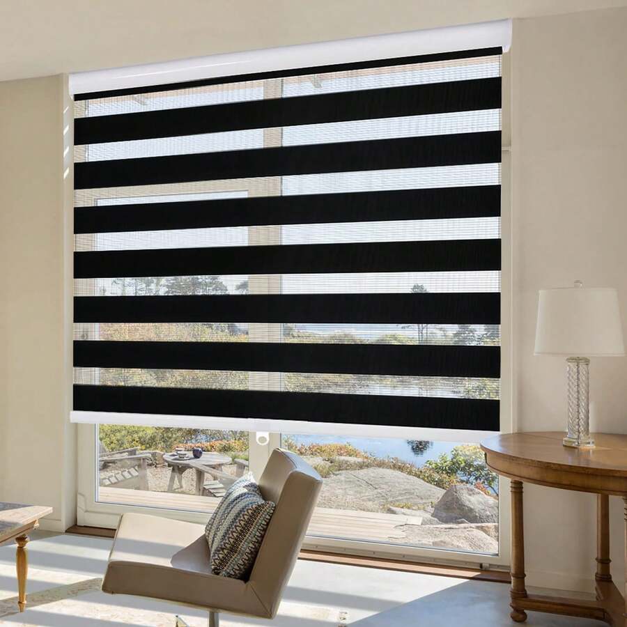 AOSKY Zebra Blinds Cordless Zebra Shades For Windows Free-Stop Roller Windows Shades Dual Layer Light Control For Day And Nigh, Light Filtering Window Shades For Home Easy To Install(White,Black,Grey,Wood) - màu đen - Xem 1