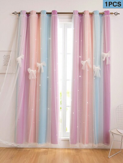 1 pieza Panel de cortina de ventana transparente de dos capas con patrón de unicornio rosa/morado/azul y estrella, cortina oscurante de la princesa de la fibra de poliéster con diseño del arcoíris del unicornio y la estrella para el cuarto de los niños y niñas, sala de estar y dormitorio, decoración del hogar