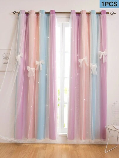 1入組粉紫藍色獨角獸和星星圖案雙層透視窗簾，公主風格聚酯纖維彩虹獨角獸星星遮光窗簾，適用於男女兒童房，客廳和臥室，家居裝飾