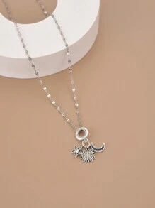 1入不鏽鋼女士頸鍊，鑲嵌立方氧化鋯石和月牙形吊墜 - 銀色 - 查看 2