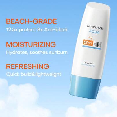 MISTINE 2.36 液体盎司 SPF 50 保湿防水面部及身体防晒霜，轻盈防晒乳液，适合敏感肌肤，不油腻，不泛白，防水，对珊瑚礁友好，1 瓶