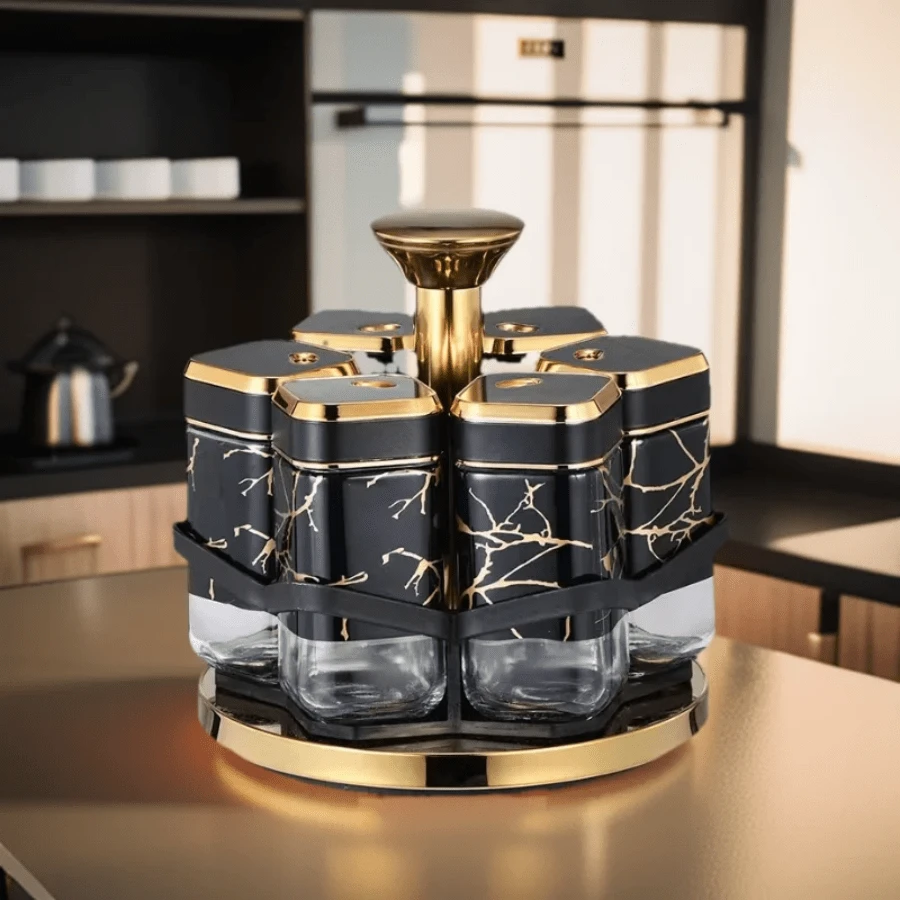 6pcs/Set Kitchen Seasoning Bottle Set With Glass Jars And Rotating Holder - Black - View 1