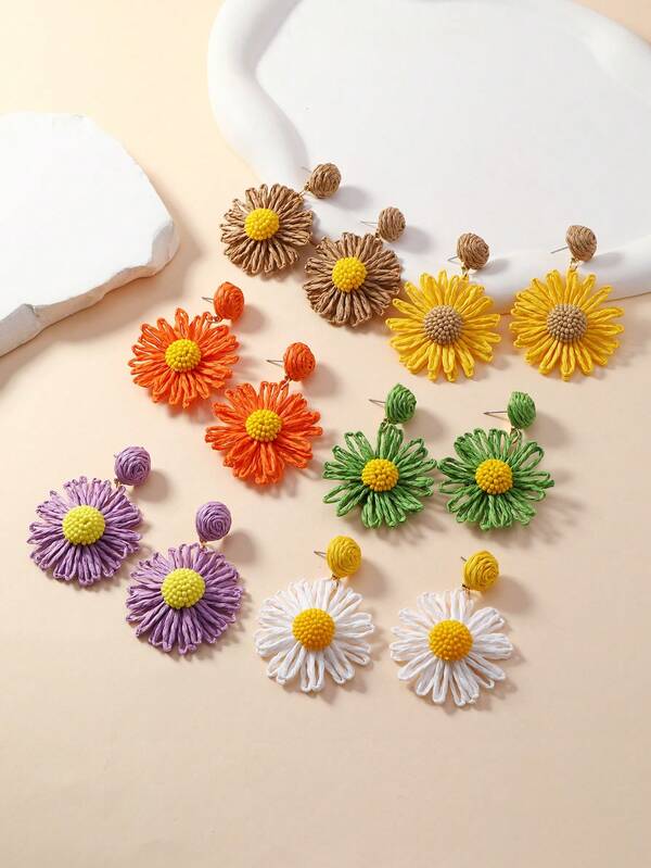 1 Pair Bohemian Style Resort Orange, Green, Beige, Khaki, Yellow Raffia Handwoven Bead & Daisy Flower Fashion Earrings For Women, Suitable For Daily Wear