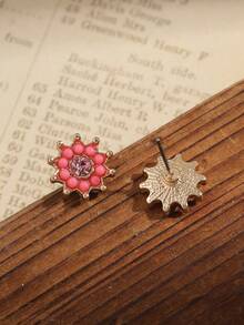 1 đôi bông tai hình bông hoa ngọt ngào có trang trí bằng đá, màu hồng, dành cho phụ nữ đeo hàng ngày - Nhiều màu - Xem 6