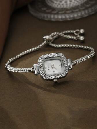 精致简约方形表盘石英手链手表，带水钻装饰，适合女孩