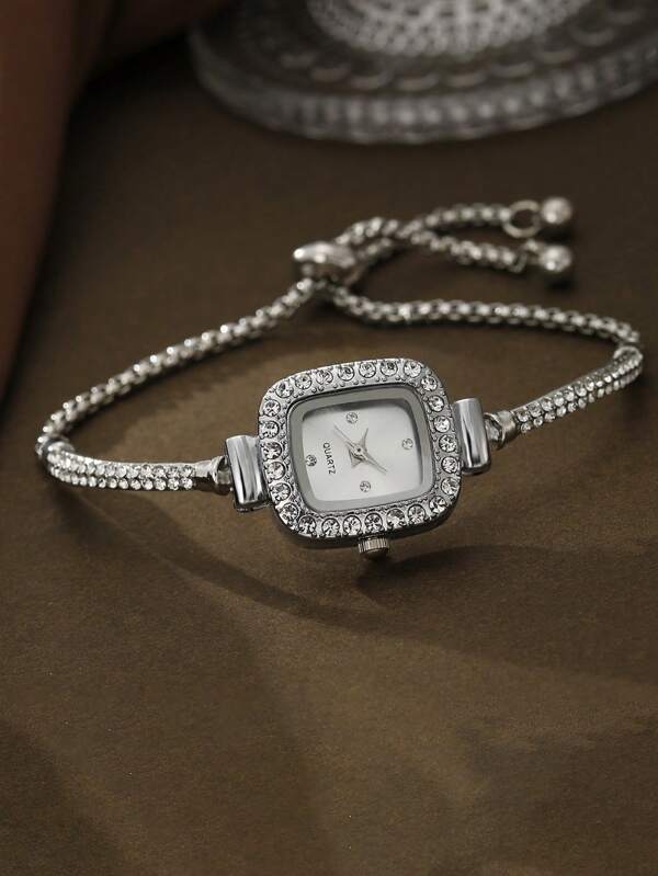 Exquisite & Minimalist Square Dial Quartz Bracelet Watch With Rhinestone Decor For Girl