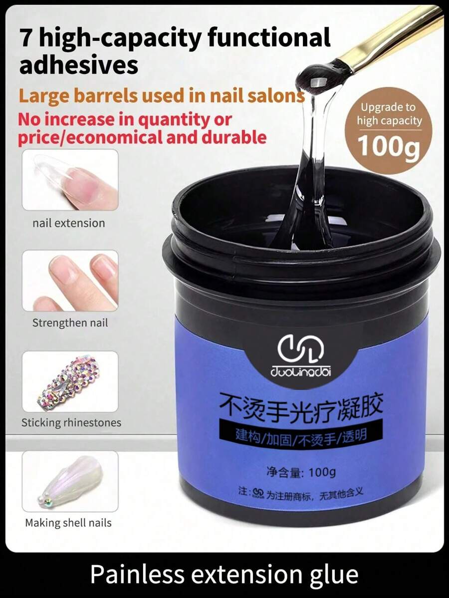 100g/Bottle Painless Light-Cured Extension Gel, Fast Extension, Multi-Functional 3-In-1 Leveling Gel And Rhinestone Glue, Large Capacity, Designed For Nail Salons, Used For Nail Decoration, Compatible With 3D Rhinestones And Flower Decorations - Clear - View 1