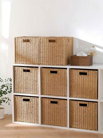 手工编织卡其色折叠收纳盒 – 衣柜衣物玩具收纳整理盒、立方体置物架收纳箱、客厅收纳盒、卧室梳妆台收纳盒、玄关杂物收纳盒 | 多功能家居杂物收纳整理盒