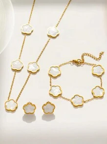 "多功能時尚黑花油滴項鍊、手鏈和耳環3件套，不鏽鋼材質，適用於女性，日常佩戴的完美選擇" - 白色 - 查看 8