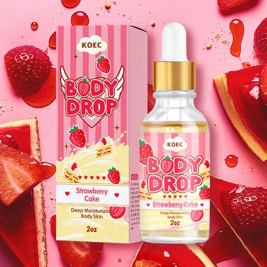KOEC Aceite corporal Body Juice Oil con aroma a pastel de fresa, aceite de masaje de aceites esenciales para hidratar la piel, humectante diario para el cuidado de la piel para mujeres y hombres, suavidad nutritiva, fragancia de rosquilla corporal, gotero de 2 oz / 59 ml.