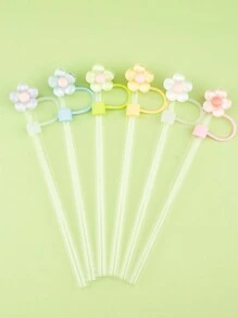 6 件 10 毫米/0.4 英寸花朵吸管头盖，可重复使用的吸管盖，卡通硅胶吸管套帽，装饰性吸管帽，适用于派对礼品袋、朋友聚会，8 毫米-10 毫米防尘吸管盖，适用于杯子、杯子配件，适用于派对、旅行、野餐、登山、母亲节礼物 - 彩色 - 查看 6