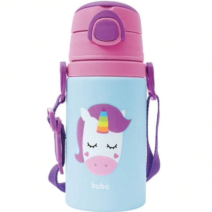 Garrafinha De Alumínio Buba 400ml Com Canudo em Silicone Unicórnio - Azul bebê - Visão 1