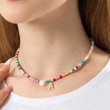 Magic Fish 1入組隨機色時尚心和珠子裝飾字母吊墜項鍊適用於女士日常裝飾 - 彩色 - 查看 14