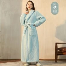 1pc Autumn/Winter Thickened Velvet Bathrobe For Men And Women, Plus Size, Luxury Style, Long Sleepwear, Couples Dressing Gown - Multicolor - View 5