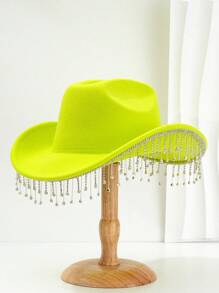 1pc Solid Color Unique Personality Sparkling Rhinestone Tassel Hat, With Shewee Cowgirl Hat, Suitable For Girlcore, Vintage, Floral, Spring Summer Bright Colors, Pink Aesthetic, Novel Punk Style Wide Brim BR Street Fashion, 2024 Wedding Essentials, Classy Aesthetic, Dinner Party Essentials, Suitable For Parties, Western-Themed Events, Gatherings, Engagement Parties, Cosplay, Graduation Ceremonies, Masquerades, Festivals, Weddings, Birthday Celebrations, Music Festivals, Coming-Of-Age Ceremonies Halloween