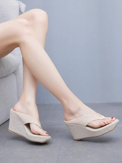 9厘米厚底坡跟凉鞋，波西米亚风沙滩拖鞋，夏季厚底人字拖，女士休闲时尚凉鞋