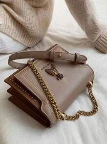 新款时尚复古蜜蜂装饰图案单肩包方包金属链条装饰斜挎包纯色PU防水面料字母压痕女士钱包适合旅行购物送妈妈节日礼物 - 卡其色 - 查看 5