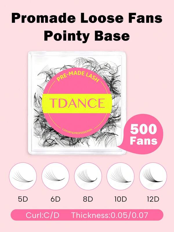 TDANCE TDANCE - 1 Caixa com 500 Fãs de Promade de Base Pontuda Solta, Extensões de Cílios Volumosos 8D/10D/12D Prontos de Volume Handmade com hastes, Cílios Postiços de 0.05/0.07 D de 8-15mm