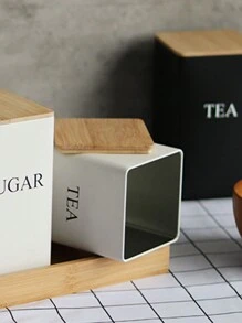 1pc Creative Bamboo Lid Iron Art White Tea Canister For Snack/Coffee/Candy Storage & Display, Simple Design