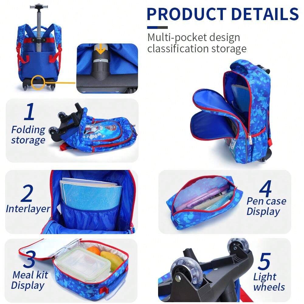 3Pcs Rolling Backpack For Boys Cyan Cartoon Football Design Elementary