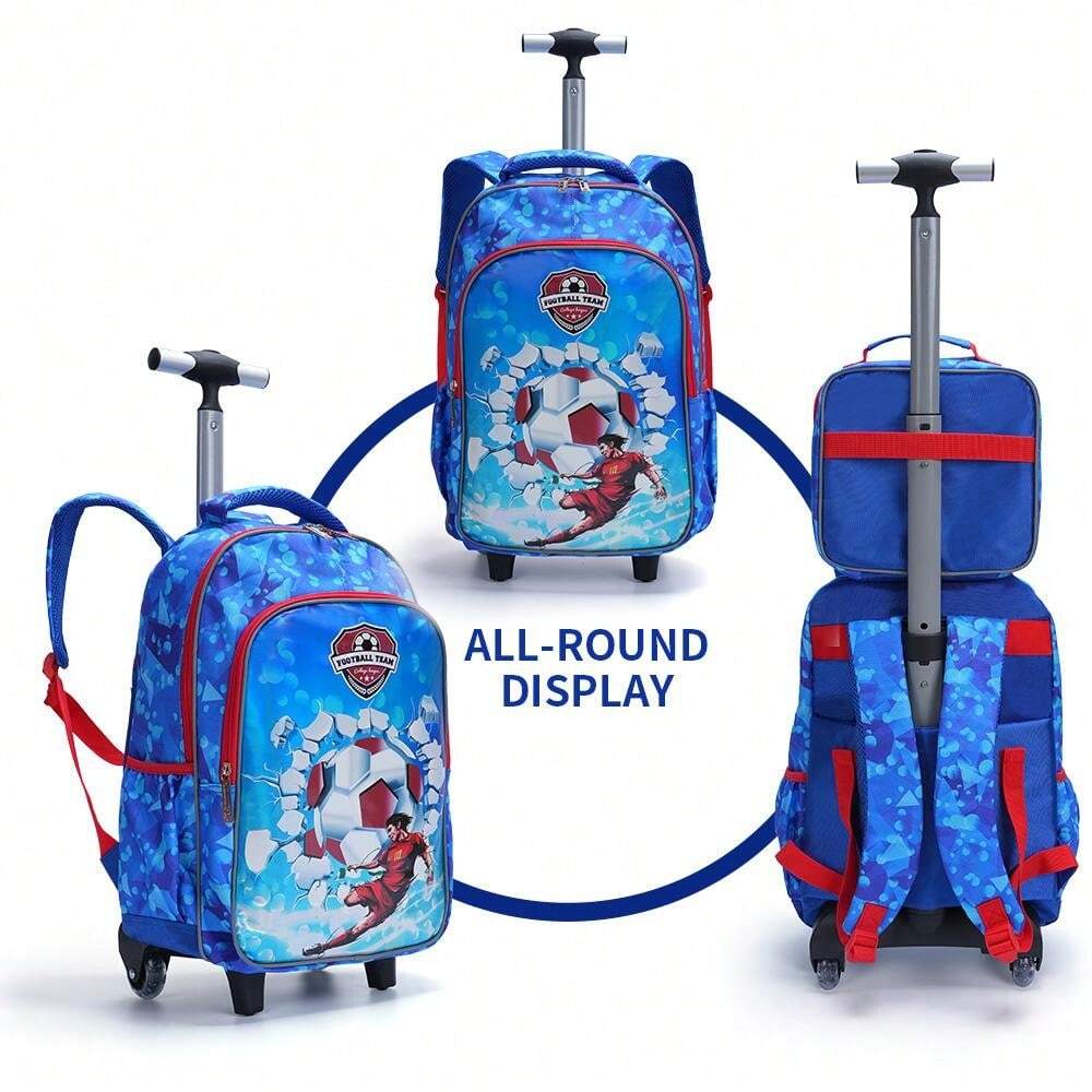 3Pcs Rolling Backpack For Boys Cyan Cartoon Football Design Elementary