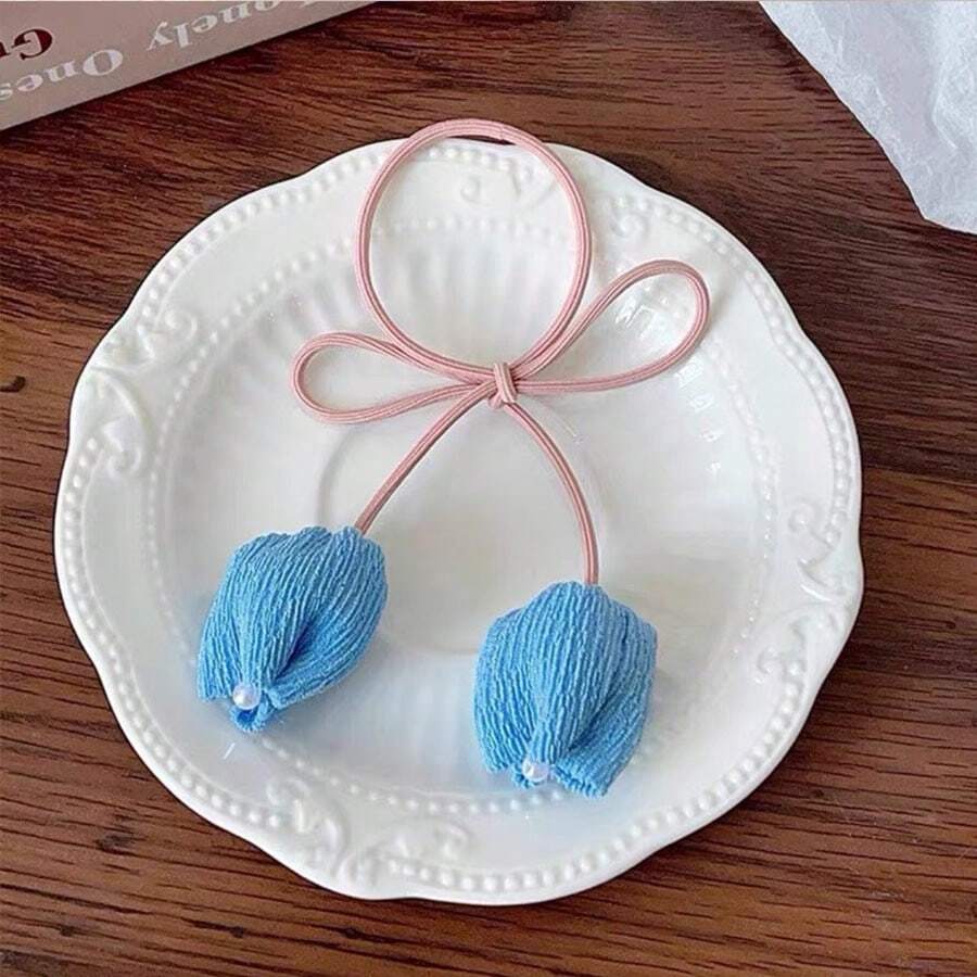 1pc Colorful Tulip Shaped Hair Scrunchie, Sweet Hair Ties - 1 Piece Blue - View 1