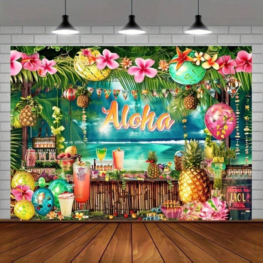 1pc Hawaiian Luau Party Decorations Tropical Summer Beach Pool Party Supplies Including Aloha Backdrop Photography Background Feet Decoration Props Party Photo Shoot Backdrop - Multicolor - View 1