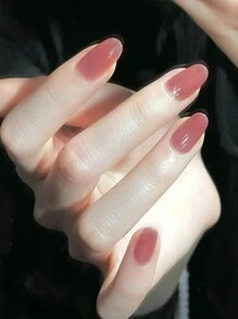 24入組粉紅色系橢圓形純色指甲藝術貼，適用於女孩和女性日常辦公穿搭。附帶全覆蓋指甲貼、指甲檔和1支果凍凝膠壓膜指甲供應 - 藕粉色 - 查看 5