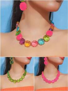 3-Piece Set - Metal Claw Chain With Resin Gemstone, Asymmetrical & Exaggerated Design, Elegant Luxurious Necklace & Earrings Set For Women, Summer (Minor Defects) - Three-piece Necklace and Earrings Set - View 1