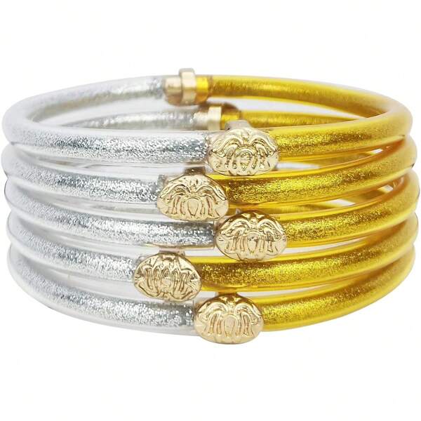 5 pièces/Set Bracelets en gelée scintillante pour femmes, bracelets en silicone légers, bracelets de yoga et de temple de Bouddha