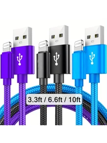 Nylon Braided Lightning Cables For Compatible With Iphone 14/13/12/Pro Max/X/XR/XS/8/7/6s/6/IPad, Male To Male USB Charging Data Sync Cord With Matte Finish, 5-10W Power Output, Round Shape - 3.3ft/6.6ft/10ft Options MFi Certified