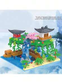 1Set Classic Waterfall Ancient Miniature Building Blocks, Heavenly Palaces, Tower Designs, Tabletop Decorations For History Enthusiasts, Meaningful Building Block Gifts - Multicolor - View 2