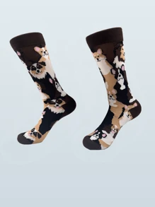 1 Pair New 2024 Men's Mid Socks Personalized AB Asymmetry Hip Hop Harajuku Funny Socks Men Novelity Bicycle Dogs Print Skateboat Happy Socks - Brown - View 5