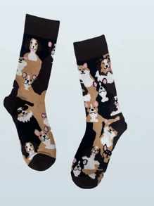 1 Pair New 2024 Men's Mid Socks Personalized AB Asymmetry Hip Hop Harajuku Funny Socks Men Novelity Bicycle Dogs Print Skateboat Happy Socks - Brown - View 6