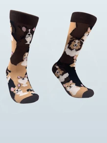 1 Pair New 2024 Men's Mid Socks Personalized AB Asymmetry Hip Hop Harajuku Funny Socks Men Novelity Bicycle Dogs Print Skateboat Happy Socks - Brown - View 4