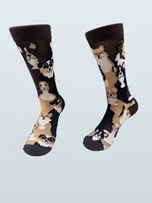 1 Pair New 2024 Men's Mid Socks Personalized AB Asymmetry Hip Hop Harajuku Funny Socks Men Novelity Bicycle Dogs Print Skateboat Happy Socks - Brown - View 1