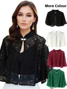 1 pieza Chal elegante de mujer con botón de perla falsa, patrón floral y calado, negro, perfecto para una cita o fiesta de noche y complementa con un vestido camiseta, Día de San Valentín