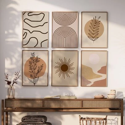 Set Of 6 Unframed Beige Moon Canvas Art Prints, Boho Wall Decorative Minimalist Abstract Line Art Posters, Mid Century Modern Aesthetic, Ideal Gift For Bedroom And Living Room, Waterproof Canvas Wall Art Decoration For Home And Dormitory Gifts Birthday Graduation