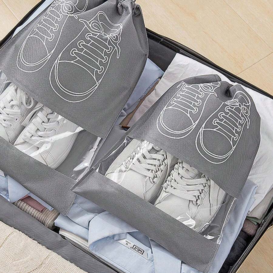 2 件/套无纺布抽绳鞋袋，旅行包装防尘收纳袋 - 灰色 - 查看 1