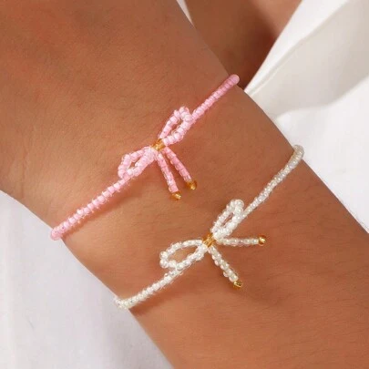 1 pieza Pulsera estilo bohemio con cuentas, pulsera de lazo, pulsera de lazo blanco, pulsera elástica, pulsera de la , pulsera de la suerte, pulsera apilable, pulsera de pareja, regalo para amigos, regalo de cumpleaños, regalo familiar, regalo del Día de San Valentín, pulsera de aniversario