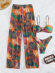 Conjunto De Bikini De 3 Piezas Con Estampado Tropical Y Corte Alto Para Playa De Verano Con Cubierta,Bañador Bikini Halter Con Estampado Tropical,Bañadores Para Fest - Naranja - Ver 3
