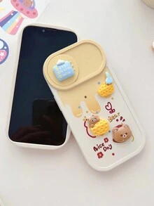 Cartoon Bear With 3D Cheese Pattern Silicon Phone Case With Sliding Cover Compatible With IPhone 14 Pro Max/13/11/12, Full Protective Cover For Women, Anti-Drop