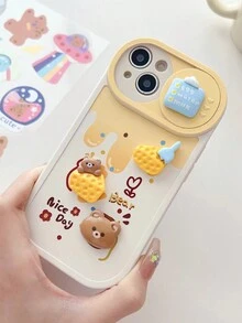 Cartoon Bear With 3D Cheese Pattern Silicon Phone Case With Sliding Cover Compatible With IPhone 14 Pro Max/13/11/12, Full Protective Cover For Women, Anti-Drop