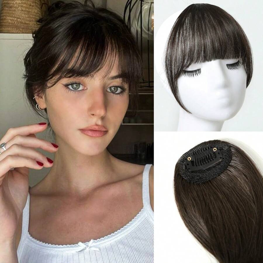 Trenza de pelo de flecos de aire natural para mujer, flequillo de dibujos animados de anime realista, extensión de cabello invisible - Marrón oscuro - Ver 1