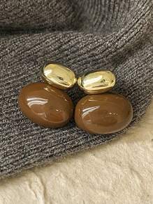 1對法式復古奶茶色和金屬珠片拼接吊墜耳環,適合女士日常佩戴,秋冬季節 - 咖啡 - 查看 14