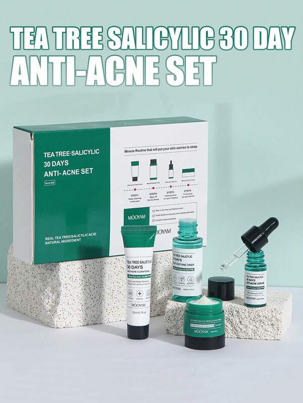 Juego de cuidado de la piel de ácido salicílico/árbol de té de 4 piezas para el cuidado de la piel, antiacné, hidratante, anti-envejecimiento, facial (limpiador 20ml y tónico 40ml y esencia 10ml y crema 15g), nutrición profunda e iluminación del tono de la piel, caja de regalo de cuidado de la piel ligera y fácil de absorber, adecuada para cara, cuello, hombres y mujeres, día y noche, set portátil e ideal para regalo, cuidado de la piel/facial