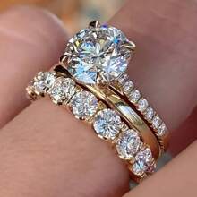 3 chiếc nhẫn có thể xếp chồng trang nhã, mạ vàng 14k đính đá Cubic Zirconia lấp lánh, nhẫn đính hôn/cưới, món quà trang sức sang trọng cho người thân yêu của bạn - Vàng - Xem 8